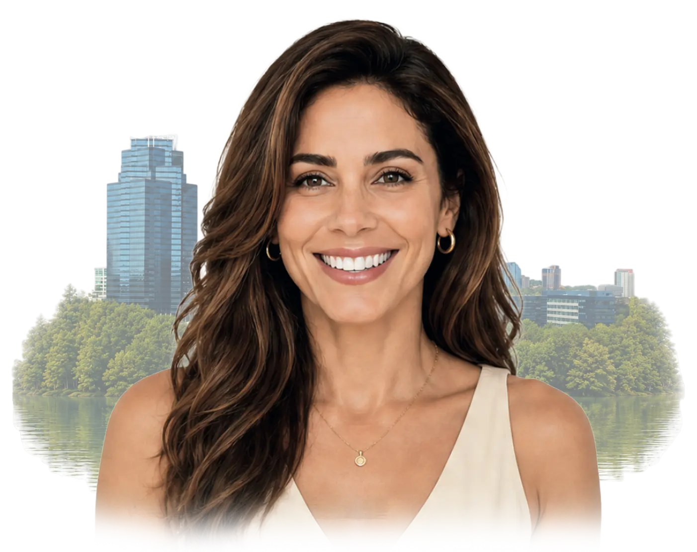 Smiling woman in Sandy Springs, GA Woman with ultra-natural smile design by Smiles by Dr. Mario Montoya over a view of Sandy Springs, GA.